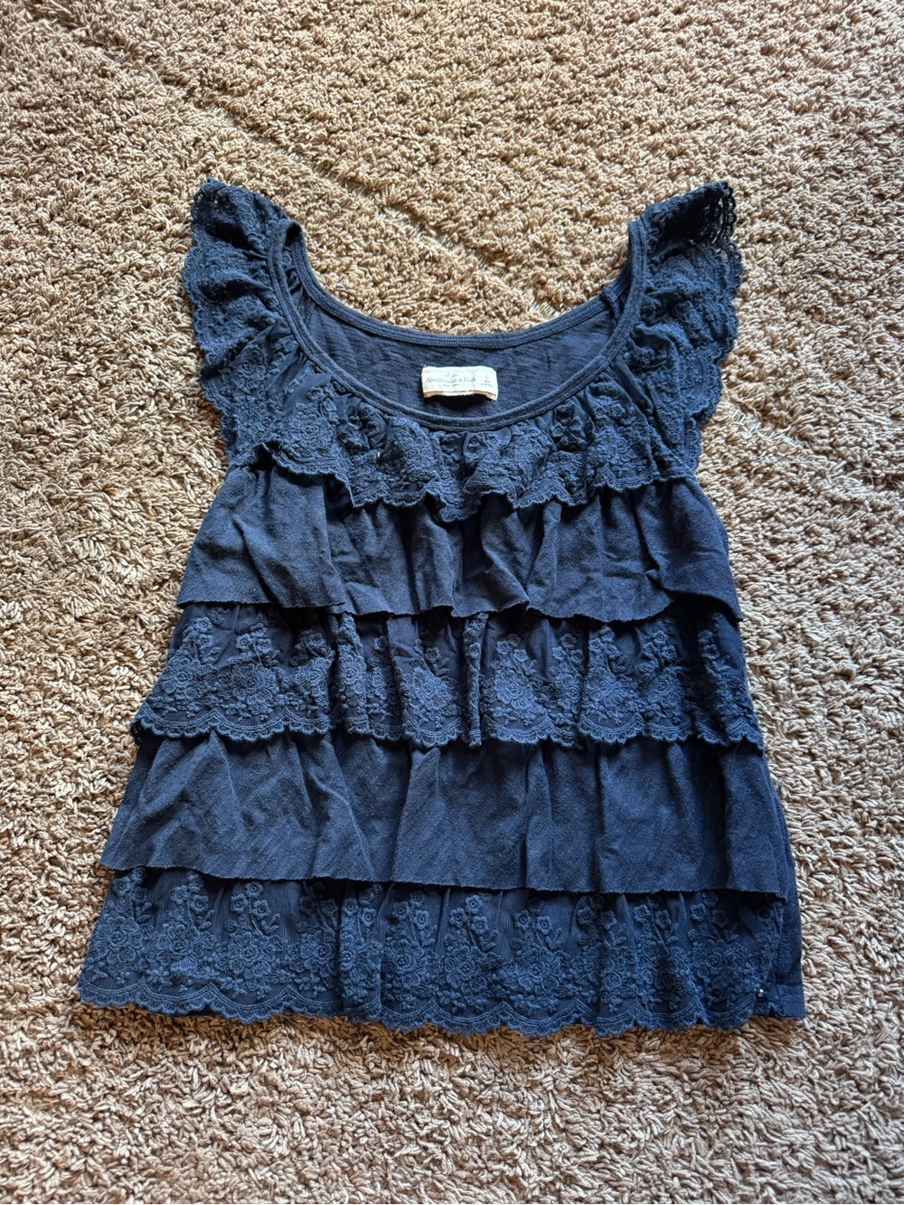 A&F Lace Tiered Ruffle Scoop Neck Women’s Top - Navy